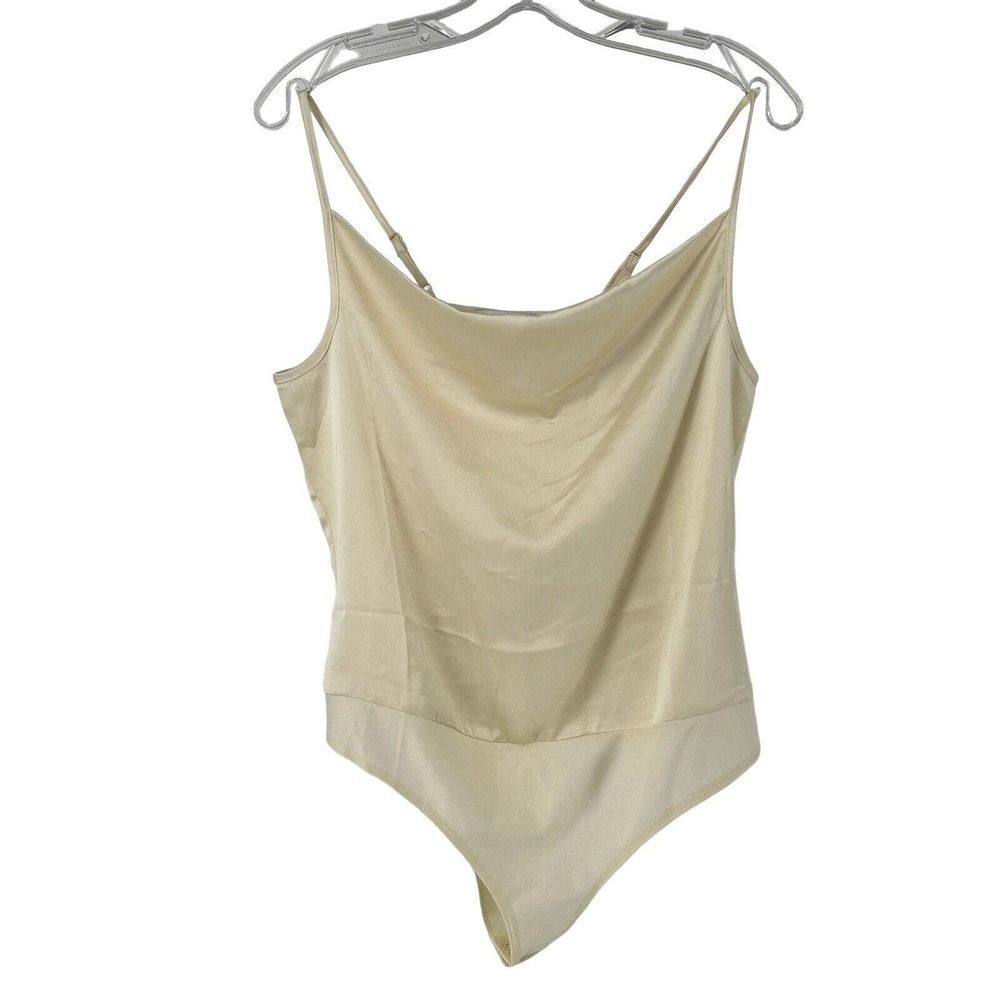 Sincerely Jules Bodysuit Ivory Satin Cowl Neck Spaghetti Strap Size M Snap Close